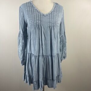 Solitaire Blue Embroidered Tiered Babydoll Mini Dress Balloon Sleeve Rayon L